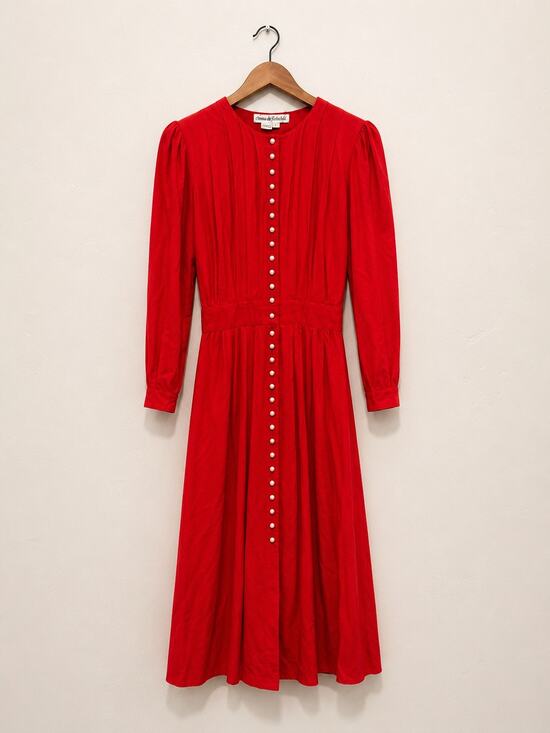 Marie St. Claire Dresses & Skirts - Vintage Marie St Claire Red Midi Dress Pearl Buttons Long Sleeve Cottagecore S 8